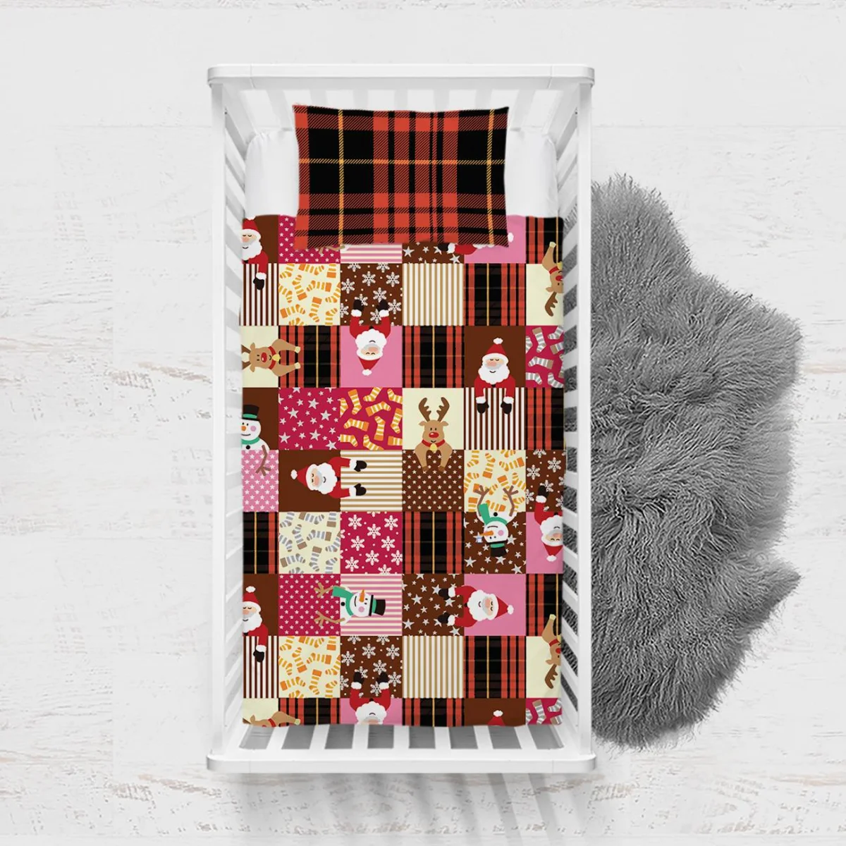 Yılbaşı Karakterleri Yatak Örtüsü ve Pike | Çok renkli yıldız, kar tanesi Desenli