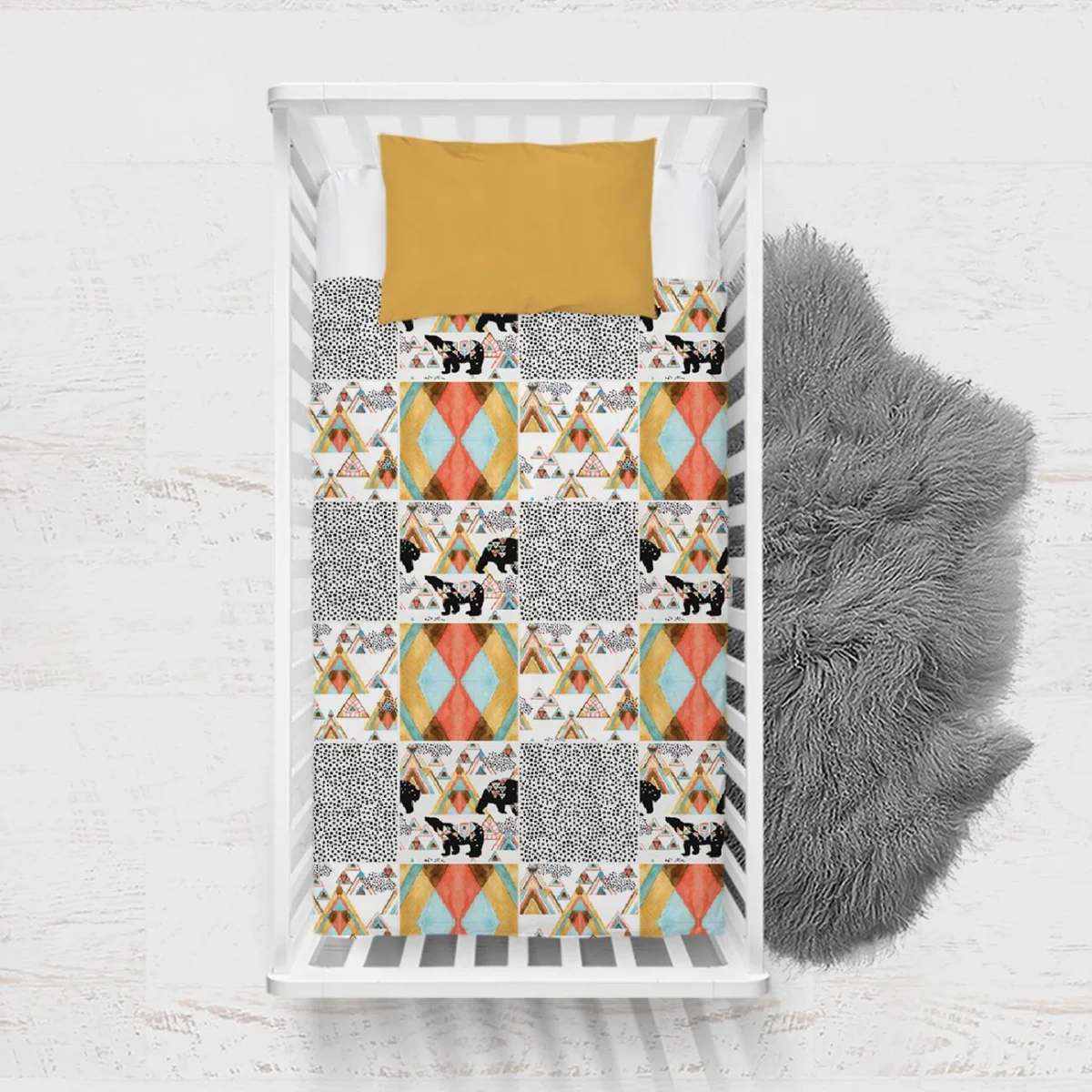 Ayılar, Çadırlar, Orman Temalı Yatak Örtüsü ve Pike | Beyaz geometrik şekiller, puantiyeler Desenli