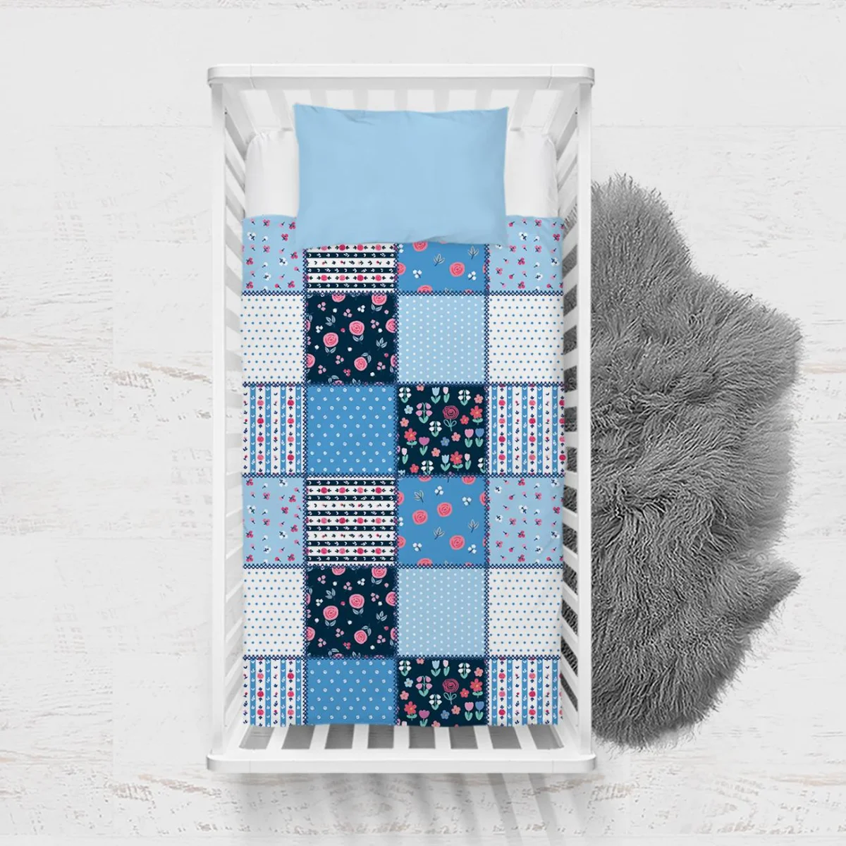 Çiçekli Patchwork Yatak Örtüsü ve Pike | Mavi puantiye, çizgili Desenli