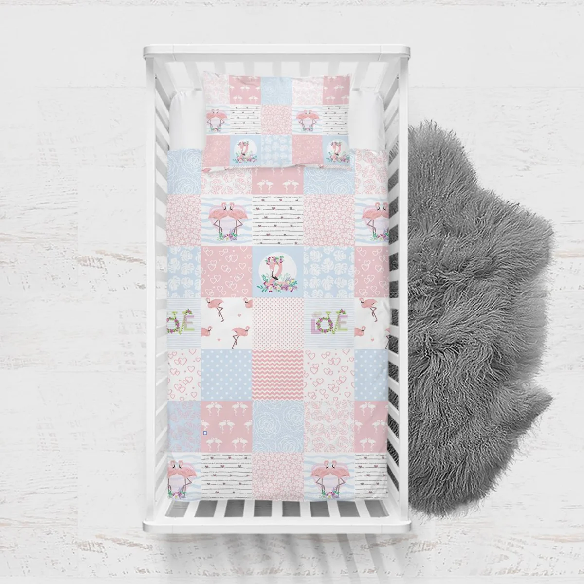 Flamingolar Yatak Örtüsü ve Pike | Pembe, Mavi kalpler, puantiyeler Desenli