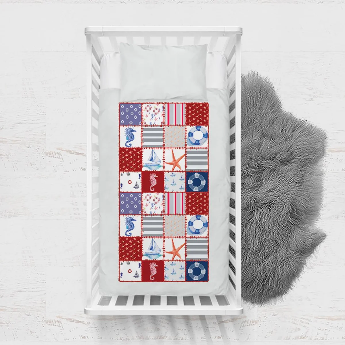 Deniz Temalı Yatak Örtüsü ve Pike | Beyaz Denizatı, yelkenli Desenli