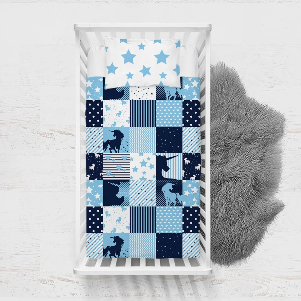 Unicorn Yatak Örtüsü ve Pike | Mavi yıldız, puantiye Desenli