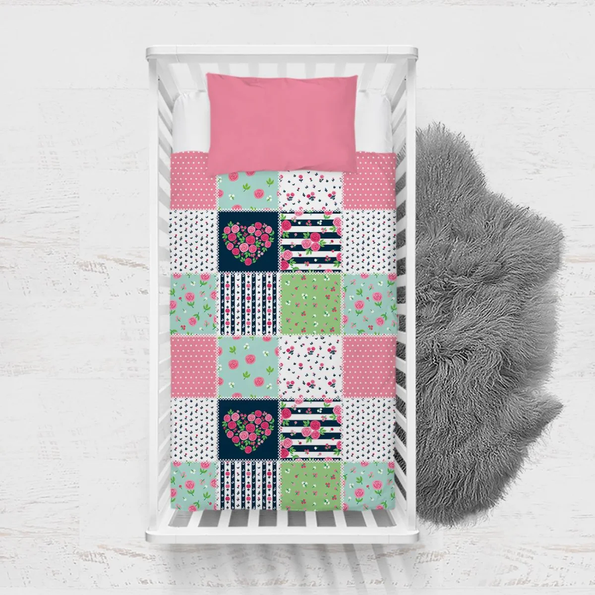 Gül Yatak Örtüsü ve Pike | Pembe kalp, puantiye Desenli