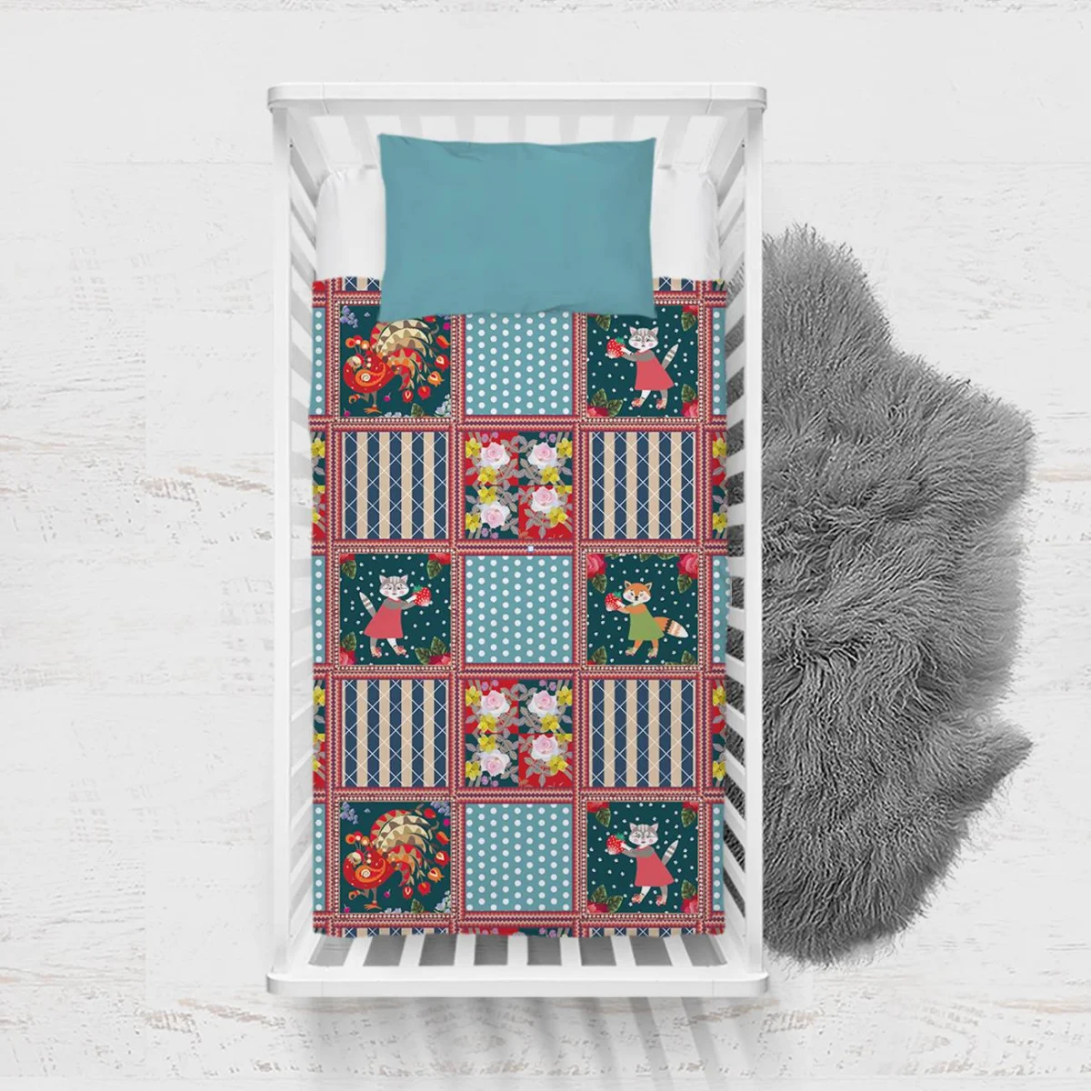 Hayvanlar Yatak Örtüsü ve Pike | Çok Renkli Patchwork, çiçekler Desenli