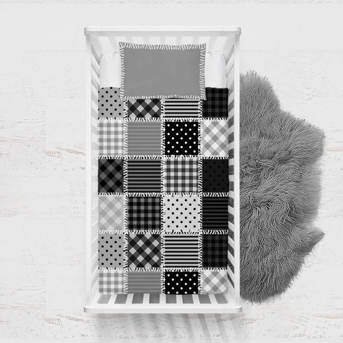 Patchwork Yatak Örtüsü ve Pike | Siyah, beyaz, gri Ekose, çizgili Desenli