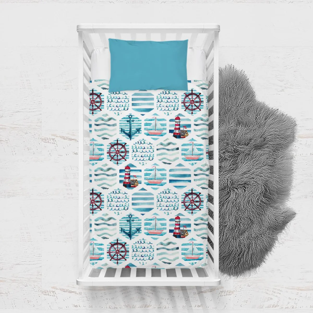 Denizci Yatak Örtüsü ve Pike | Beyaz çapa, dümen Desenli
