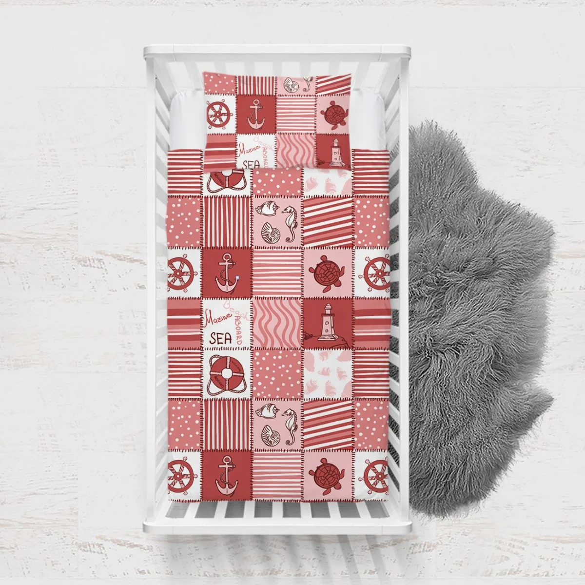 Denizcilik Yatak Örtüsü ve Pike | Kırmızı-Beyaz Gemi dümeni, çapa Desenli