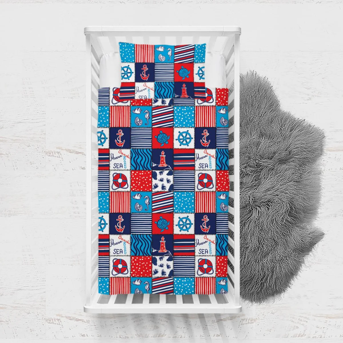 Denizcilik Yatak Örtüsü ve Pike | Mavi Çapa, dümen Desenli