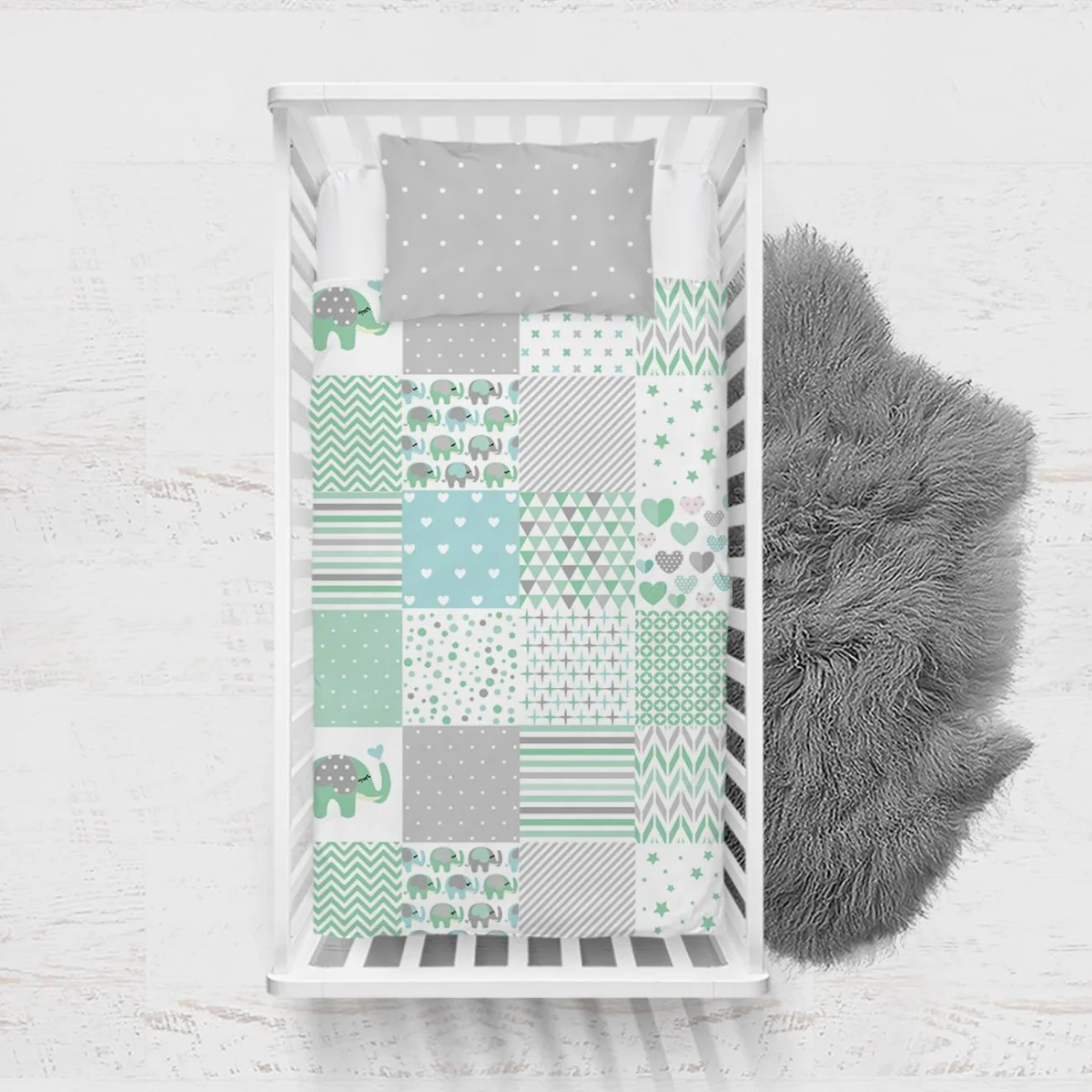 Fil Yatak Örtüsü ve Pike | Yeşil Kalp, puantiye Desenli