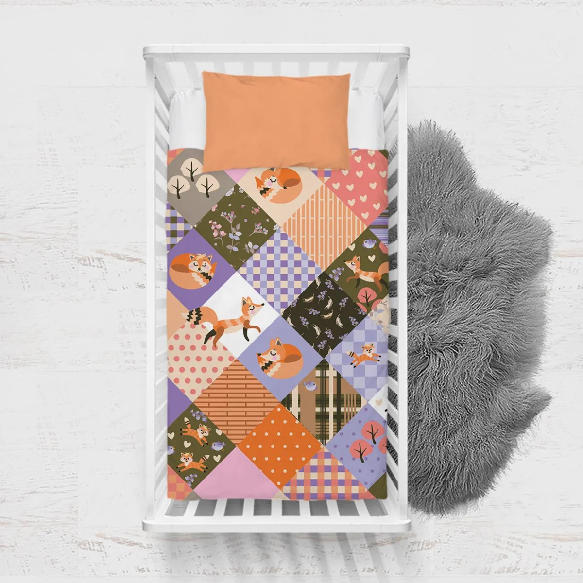 Tilki Yatak Örtüsü ve Pike | Turuncu Tilkiler, çiçekler Desenli