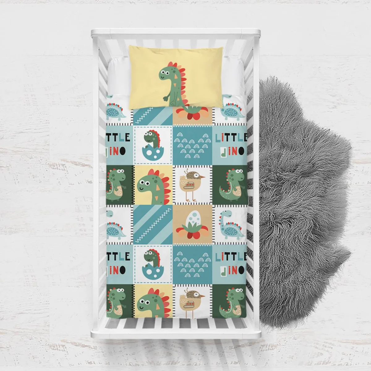 Dinozor Yatak Örtüsü ve Pike | Mavi zigzag çizgiler, yumurta Desenli