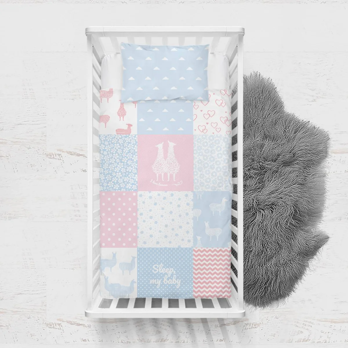 Lama ve koyunlar Yatak Örtüsü ve Pike | Pembe ve Mavi Bulut, yıldız Desenli