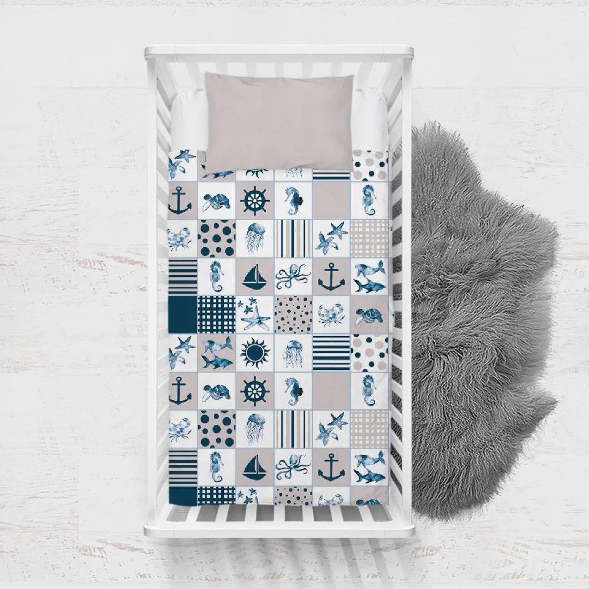 Denizcilik Teması Yatak Örtüsü ve Pike | Mavi Patchwork, çizgili Desenli