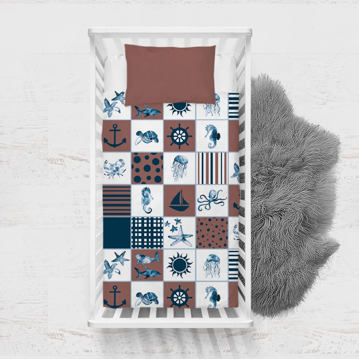Deniz Teması Yatak Örtüsü ve Pike | Kahverengi, Beyaz Deniz canlıları, çizgili Desenli