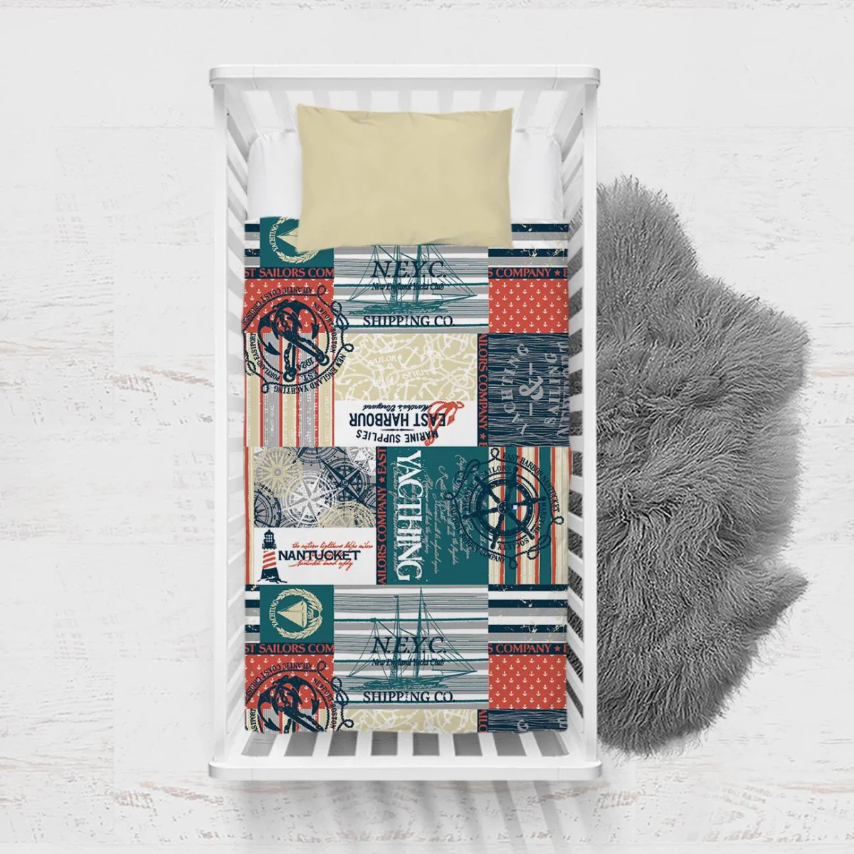 Denizcilik Yatak Örtüsü ve Pike | Mavi Çapalar, pusulalar Desenli