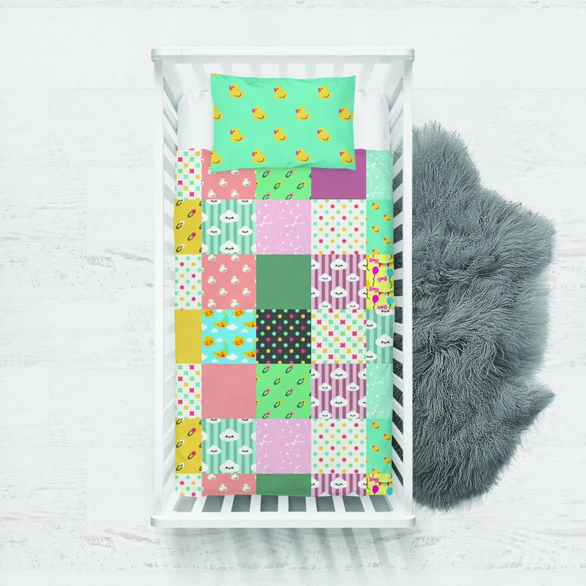 Ördek Yatak Örtüsü ve Pike | Çok Renkli ördek, bulut Desenli