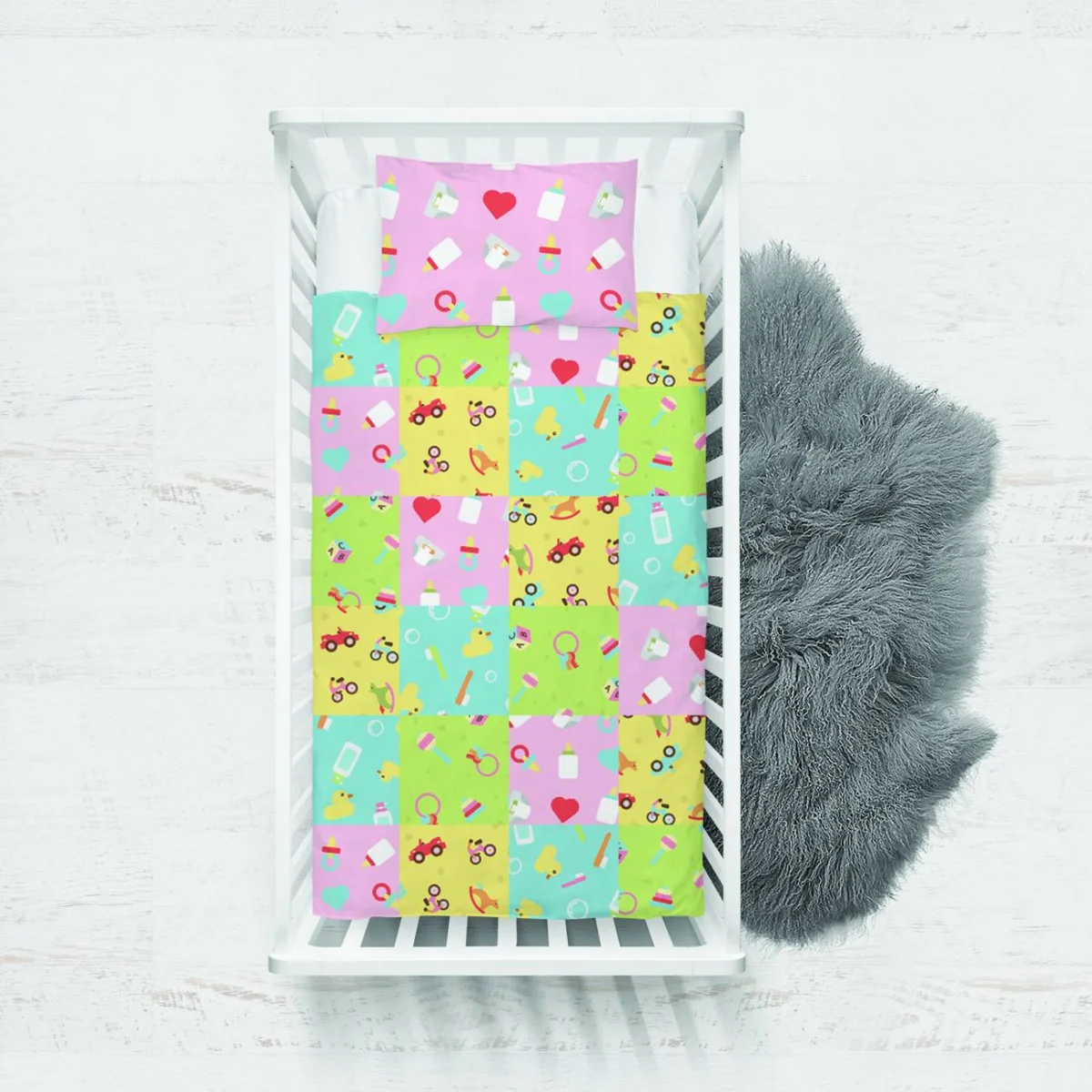 Bebek eşyaları Yatak Örtüsü ve Pike | Çok renkli Kareli bloklar, emzik Desenli