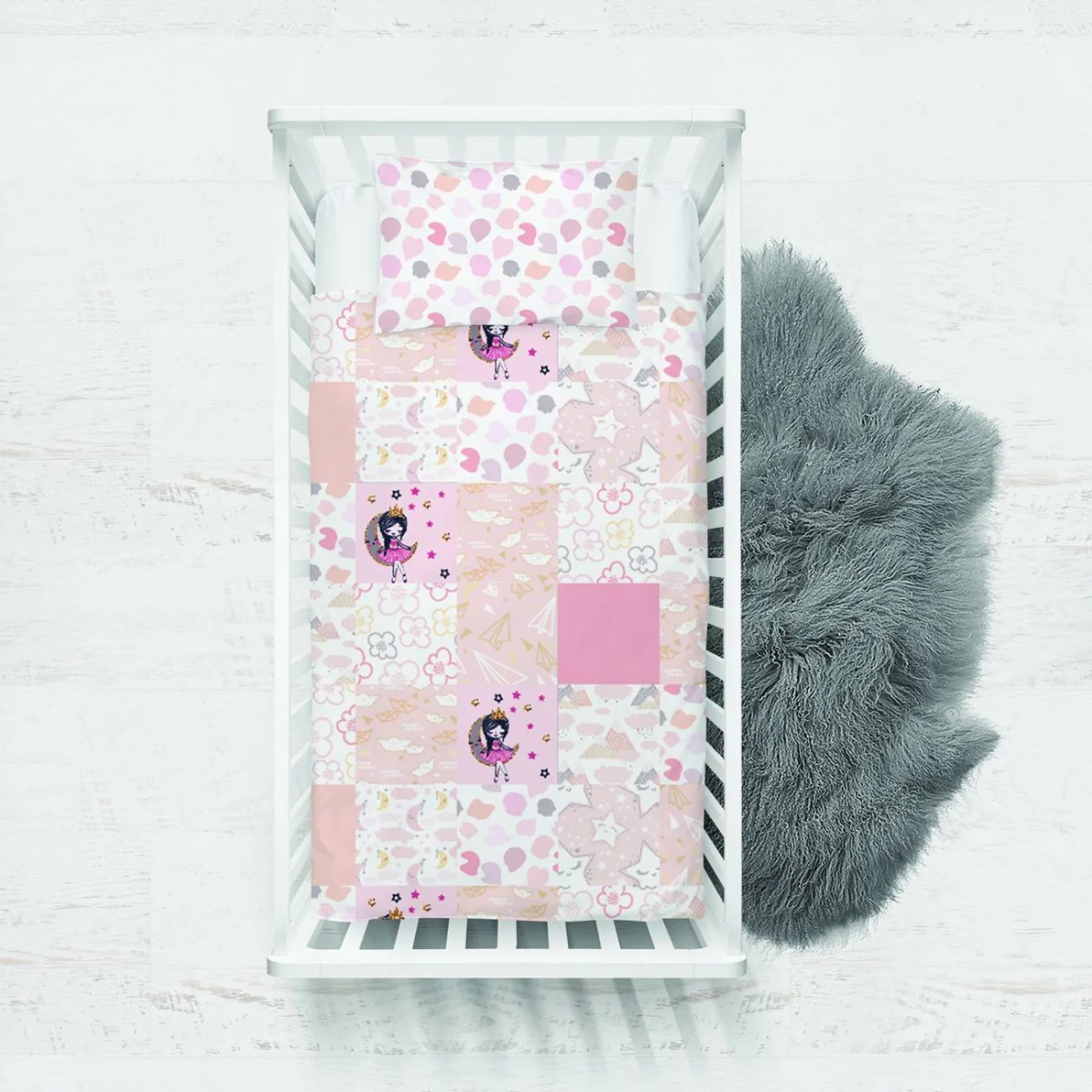 Prenses Yatak Örtüsü ve Pike | Pembe yıldız, bulut Desenli