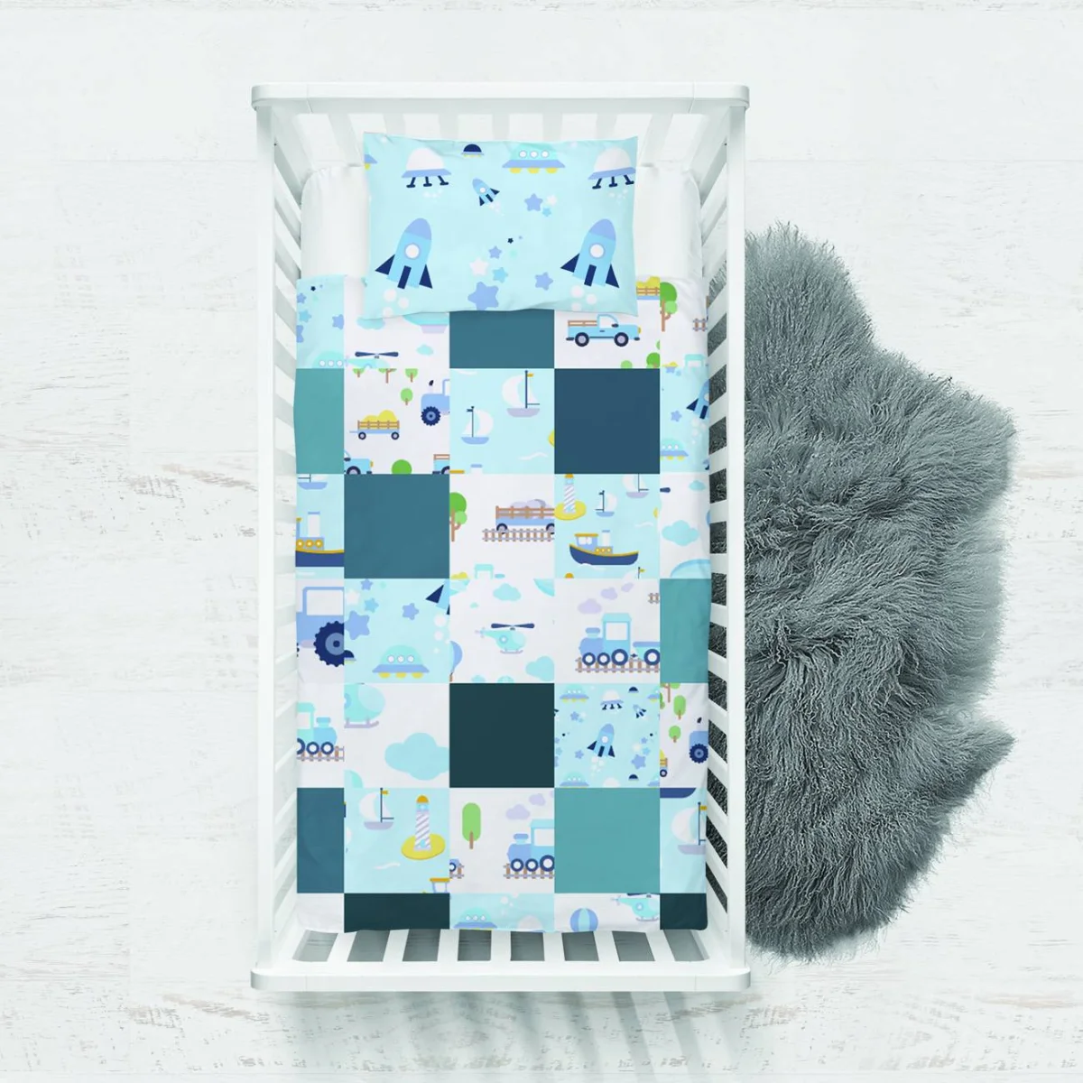 Uzay ve Ulaşım Araçları Yatak Örtüsü ve Pike | Mavi Roket, yıldız Desenli