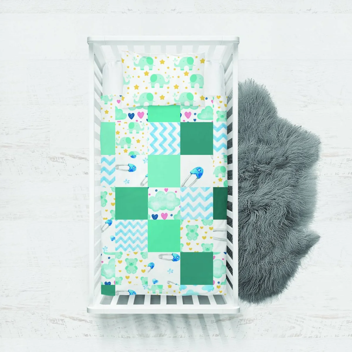 Fil ve Ayıcık Yatak Örtüsü ve Pike | Beyaz Yıldız, bulut Desenli