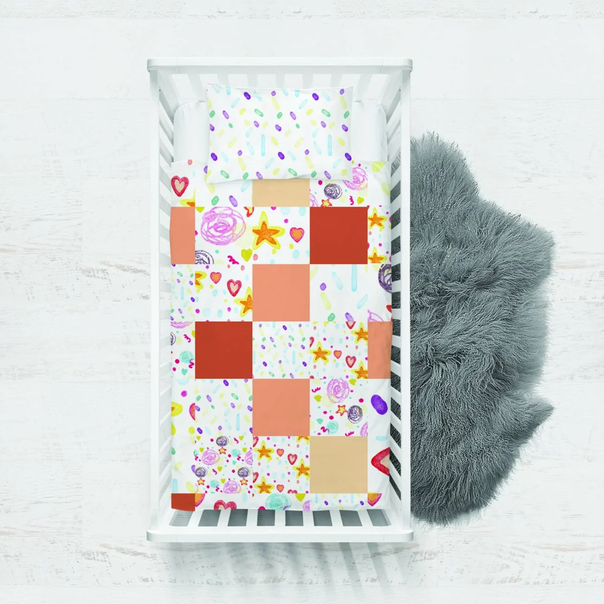 Çocuksu çizimler Yatak Örtüsü ve Pike | Beyaz yıldız, kalp Desenli