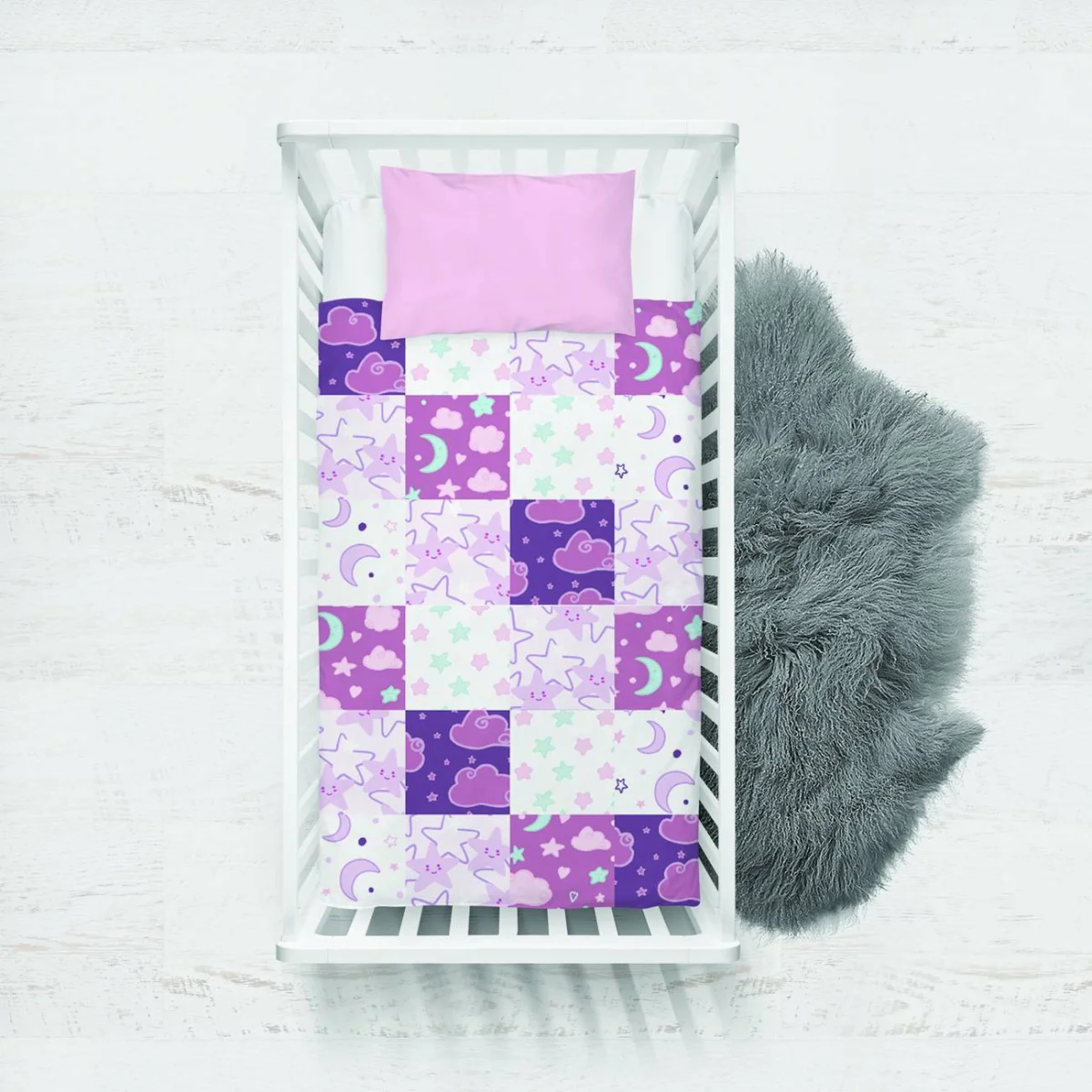 Yıldızlar ve Ay Yatak Örtüsü ve Pike | Mor yıldız, ay Desenli