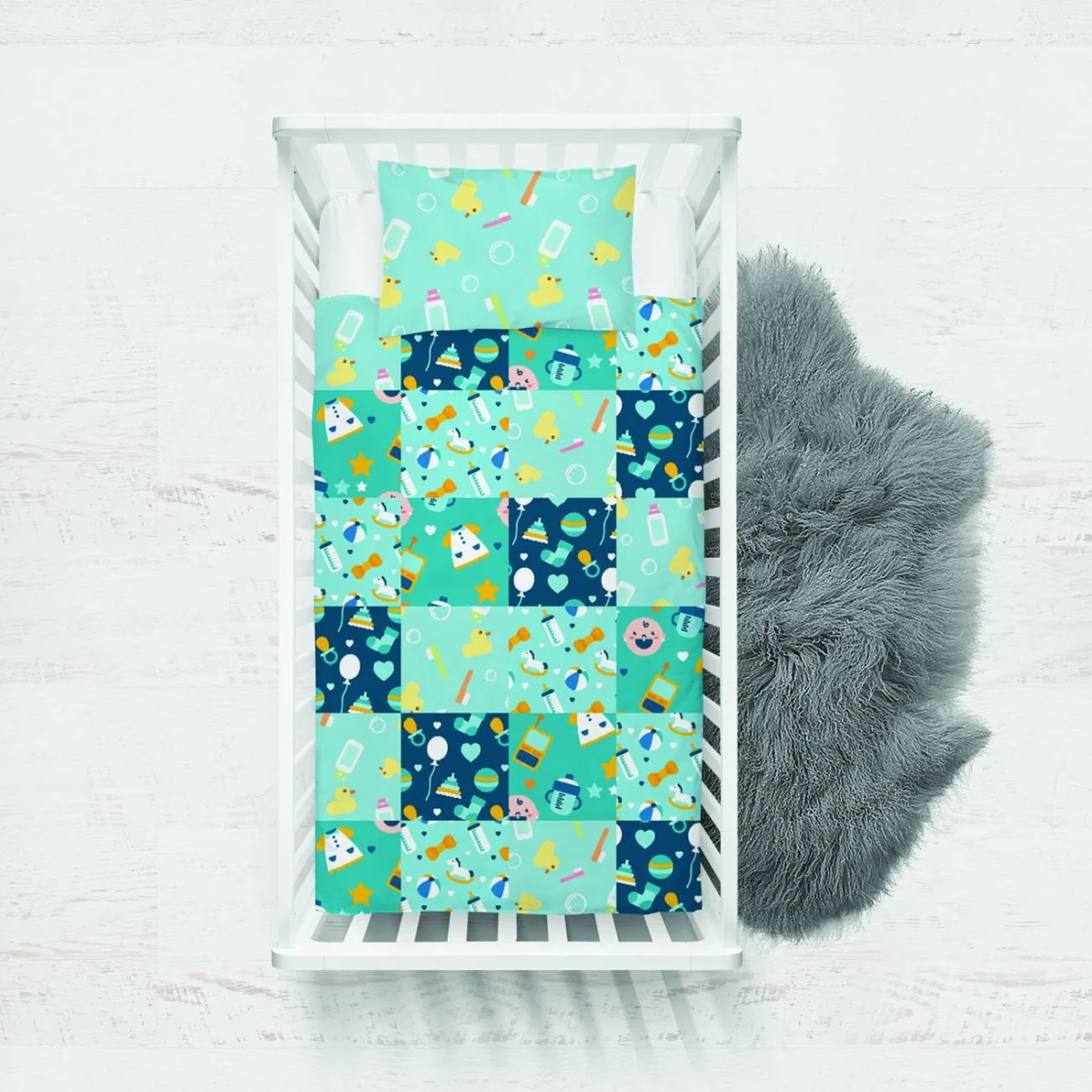 Bebek Eşyaları Yatak Örtüsü ve Pike | Mavi, Yeşil yıldız, balon Desenli