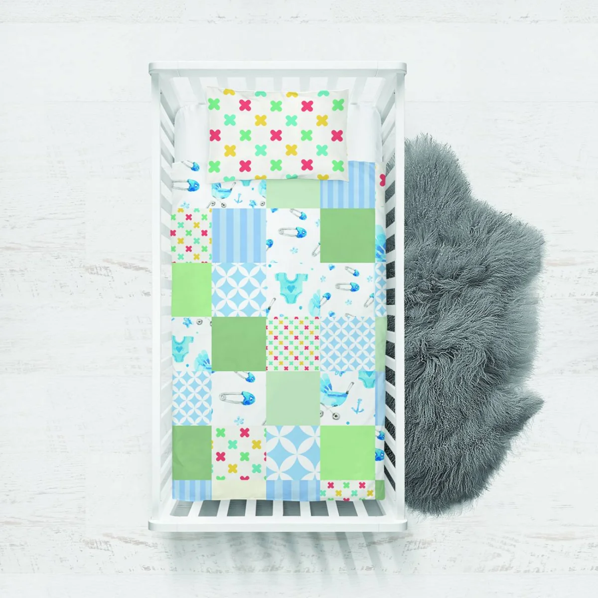 Bebek figürleri Yatak Örtüsü ve Pike | Mavi, Yeşil, Beyaz Patchwork, puset Desenli