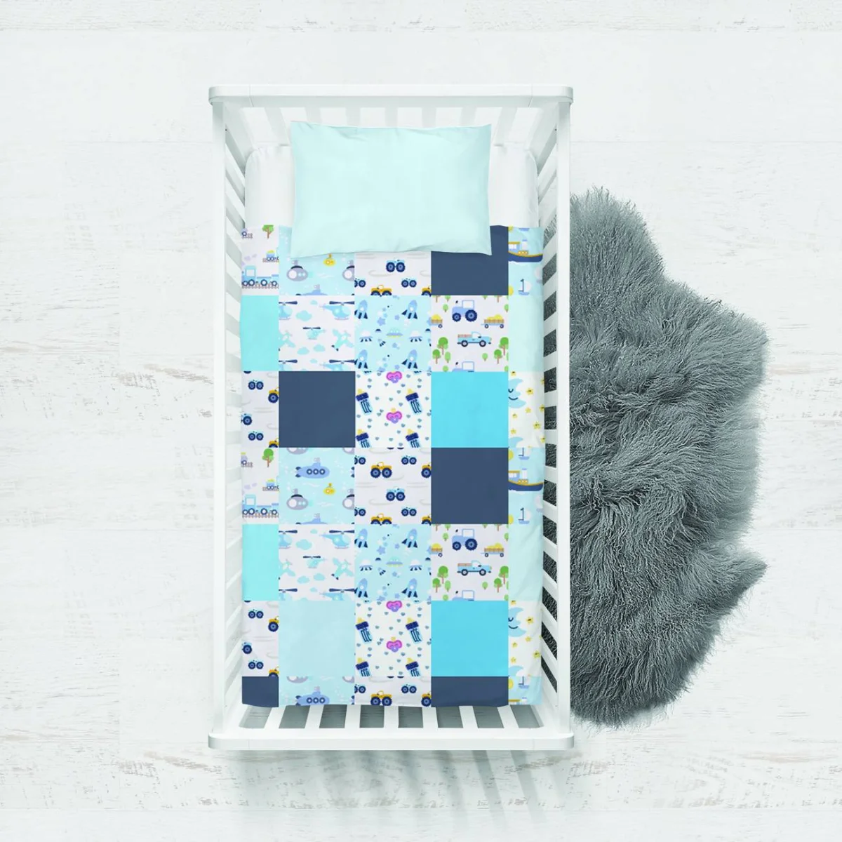 Taşıtlar ve Uzay Yatak Örtüsü ve Pike | Mavi ve Beyaz araçlar, uzay gemileri Desenli