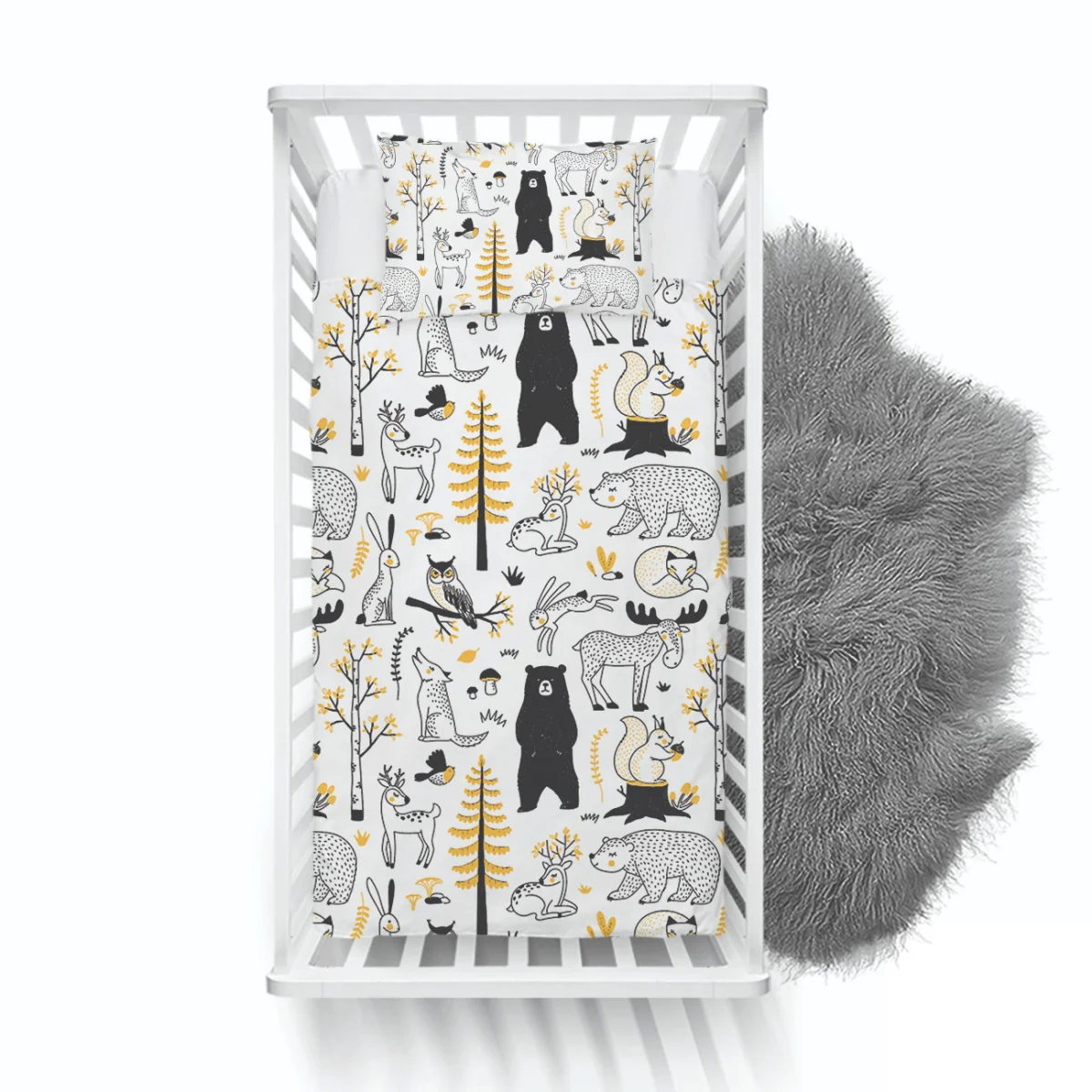 Orman Hayvanları Yatak Örtüsü ve Pike | Beyaz Ağaçlar, mantarlar Desenli