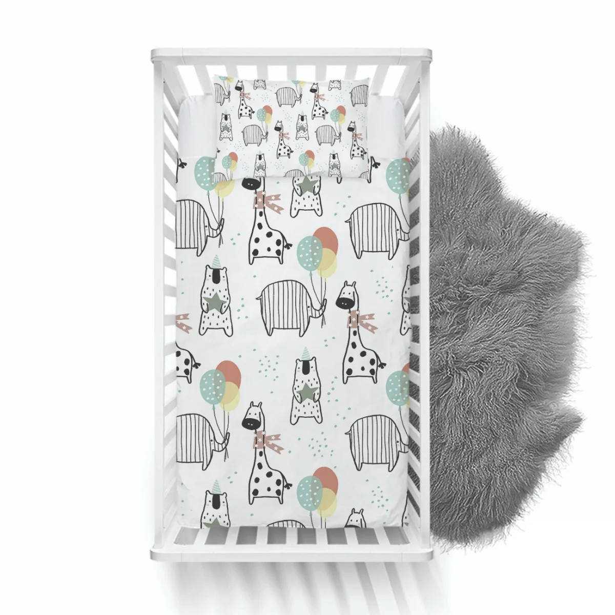 Orman Hayvanları Yatak Örtüsü ve Pike | Beyaz balonlar, parti şapkaları Desenli