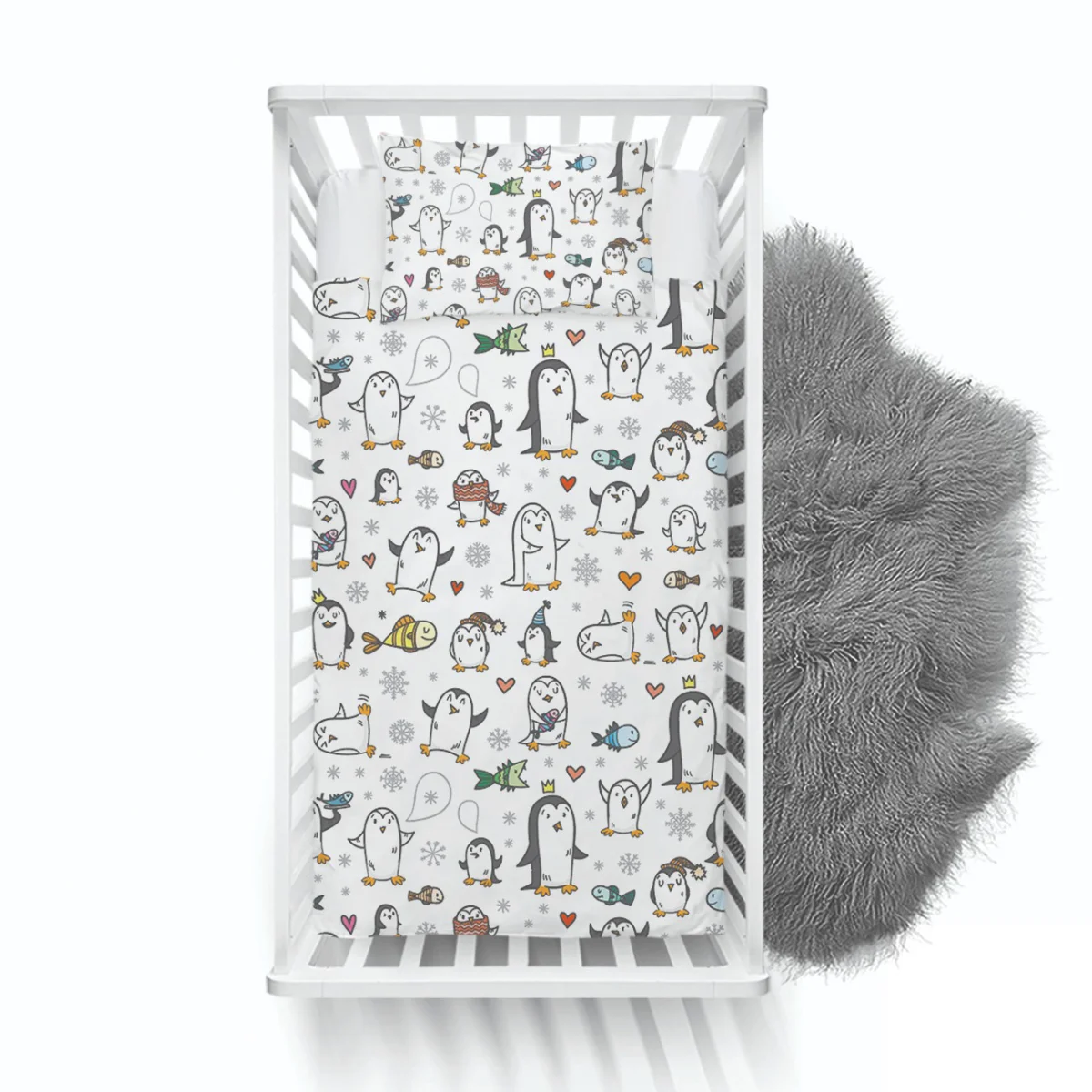 Penguen Yatak Örtüsü ve Pike | Beyaz Kar taneleri, kalpler Desenli