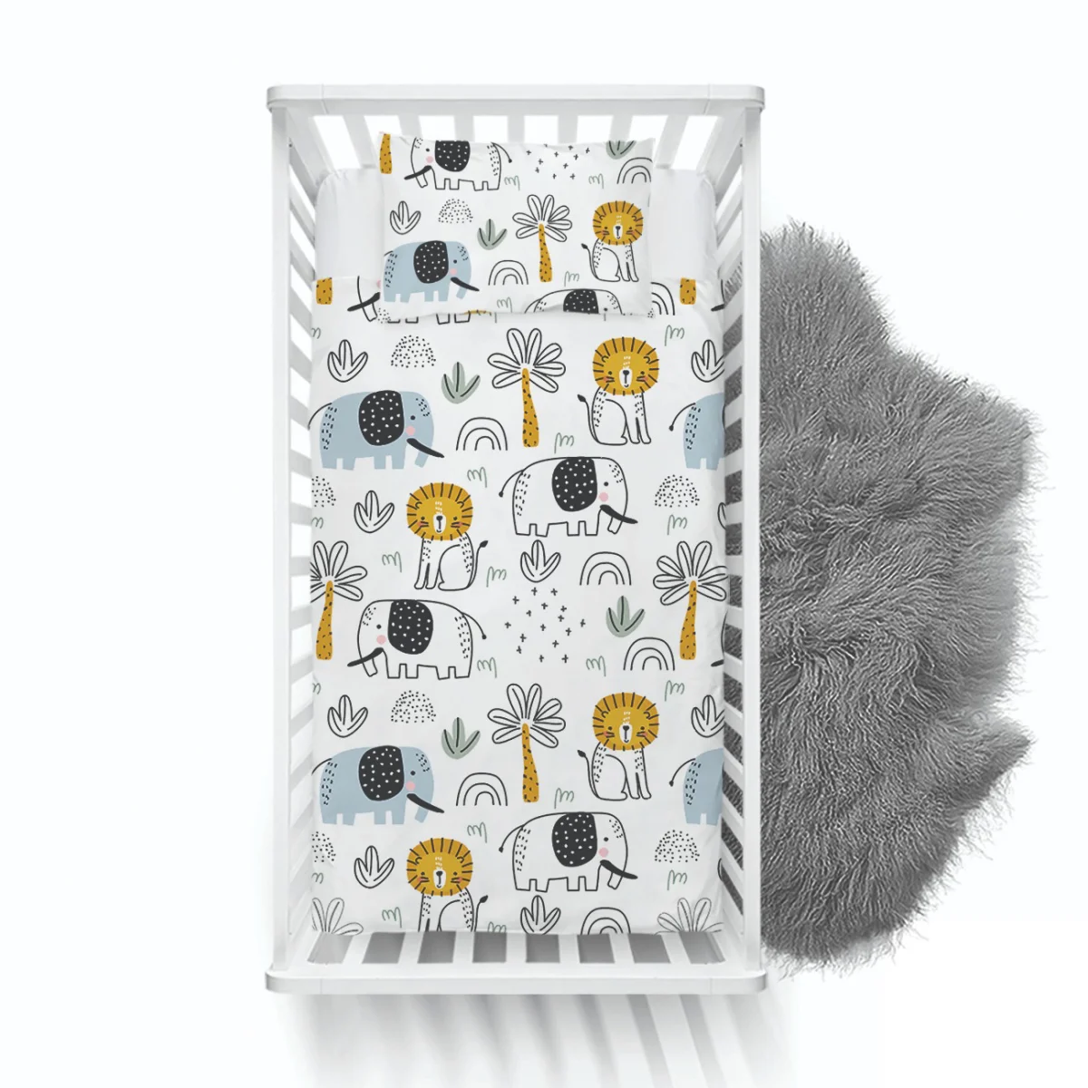 Orman Hayvanları Yatak Örtüsü ve Pike | Beyaz palmiye ağaçları, gökkuşağı Desenli