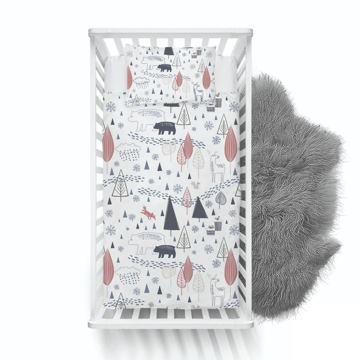 Orman Hayvanları Yatak Örtüsü ve Pike | Beyaz kar taneleri, ayak izleri Desenli