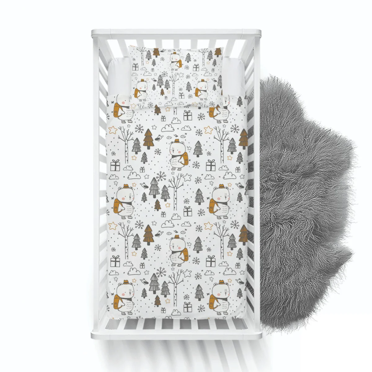 Orman Hayvanları Yatak Örtüsü ve Pike | Beyaz ağaçlar, kuşlar Desenli