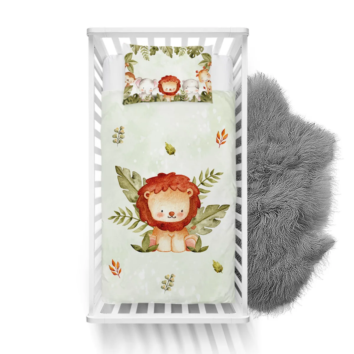 Orman Hayvanları Yatak Örtüsü ve Pike | Yeşil yapraklar, minik beyaz benekler Desenli