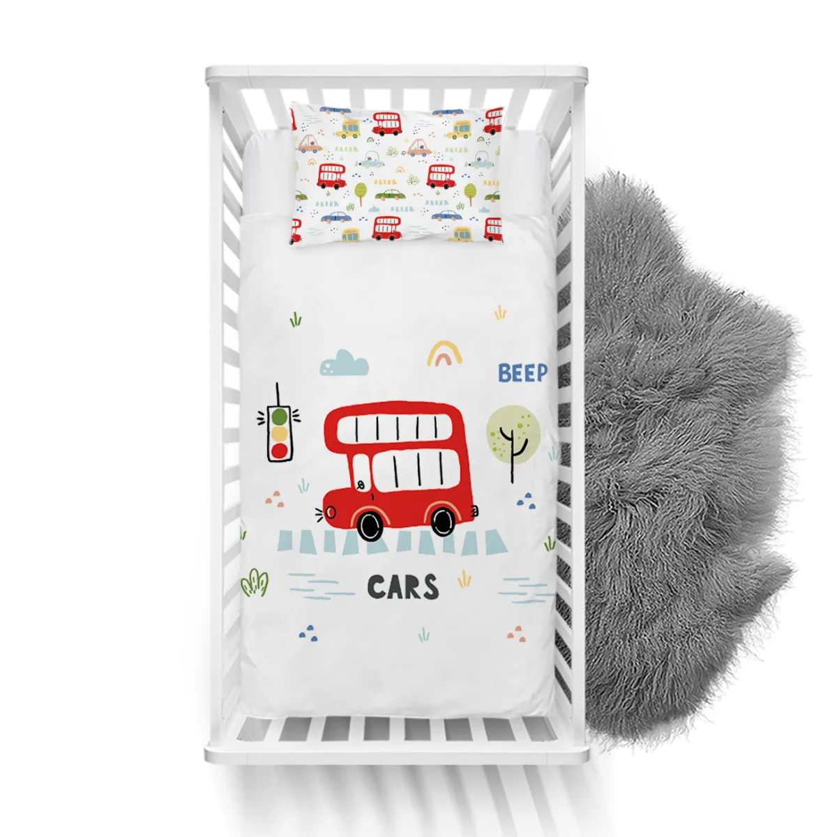 Arabalar Yatak Örtüsü ve Pike | Beyaz gökkuşağı, bulut Desenli