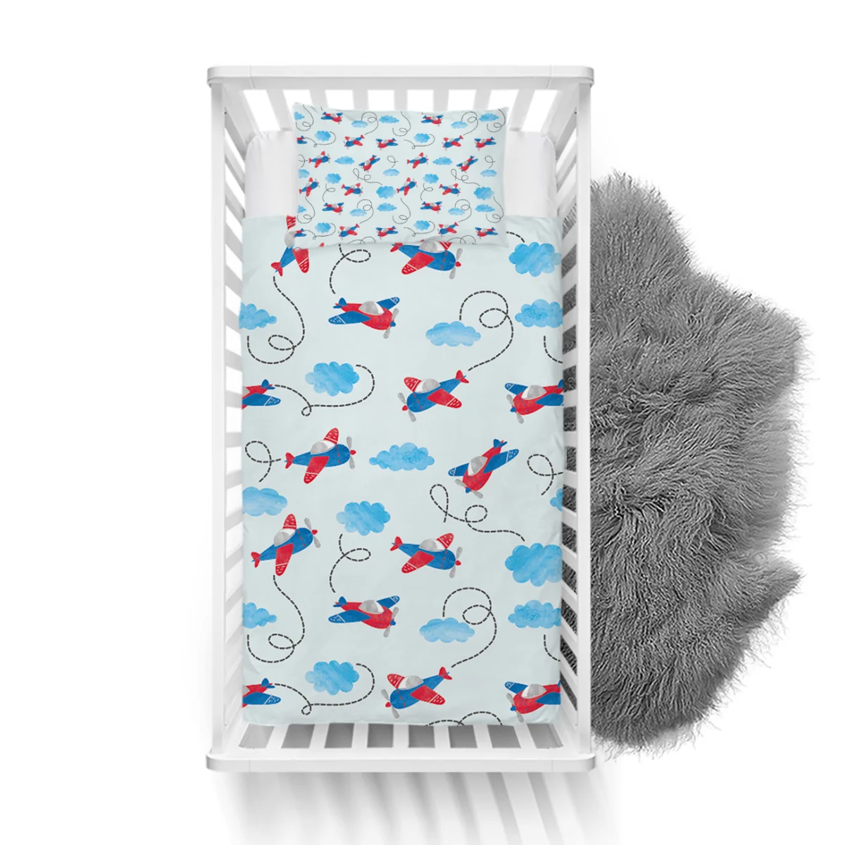 Uçaklar Yatak Örtüsü ve Pike | Mavi bulutlar, uçak izleri Desenli