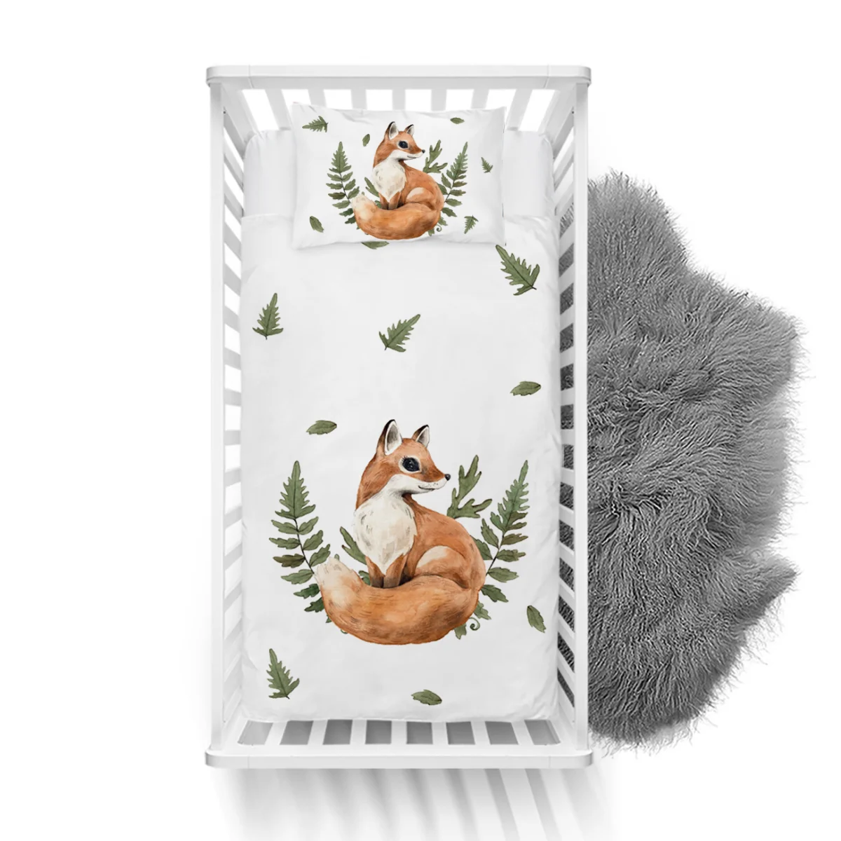 Tilki, Orman Hayvanları Yatak Örtüsü ve Pike | Beyaz Eğrelti otu, düşen yapraklar Desenli