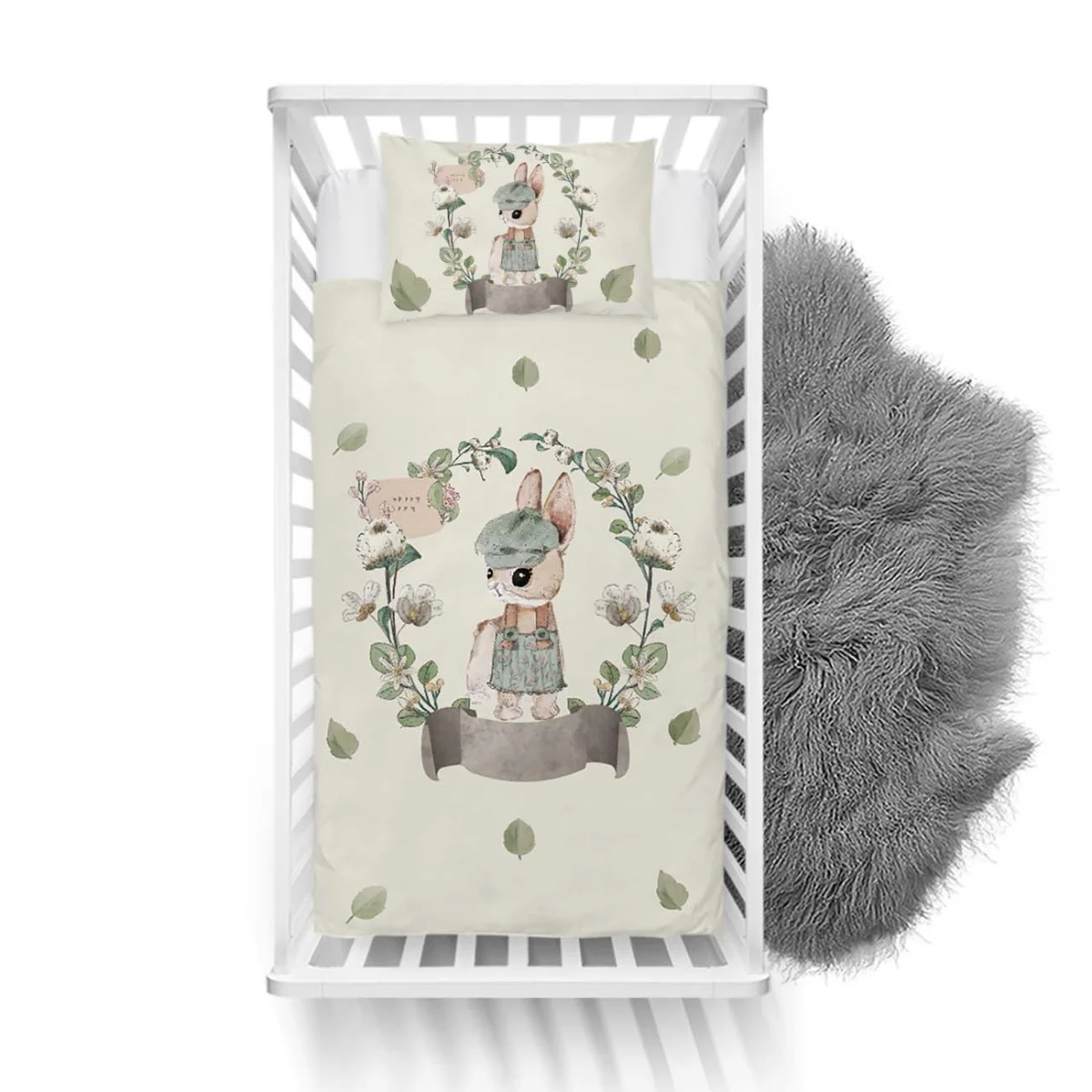 Tavşan Yatak Örtüsü ve Pike | Krem yapraklar, çiçekler Desenli