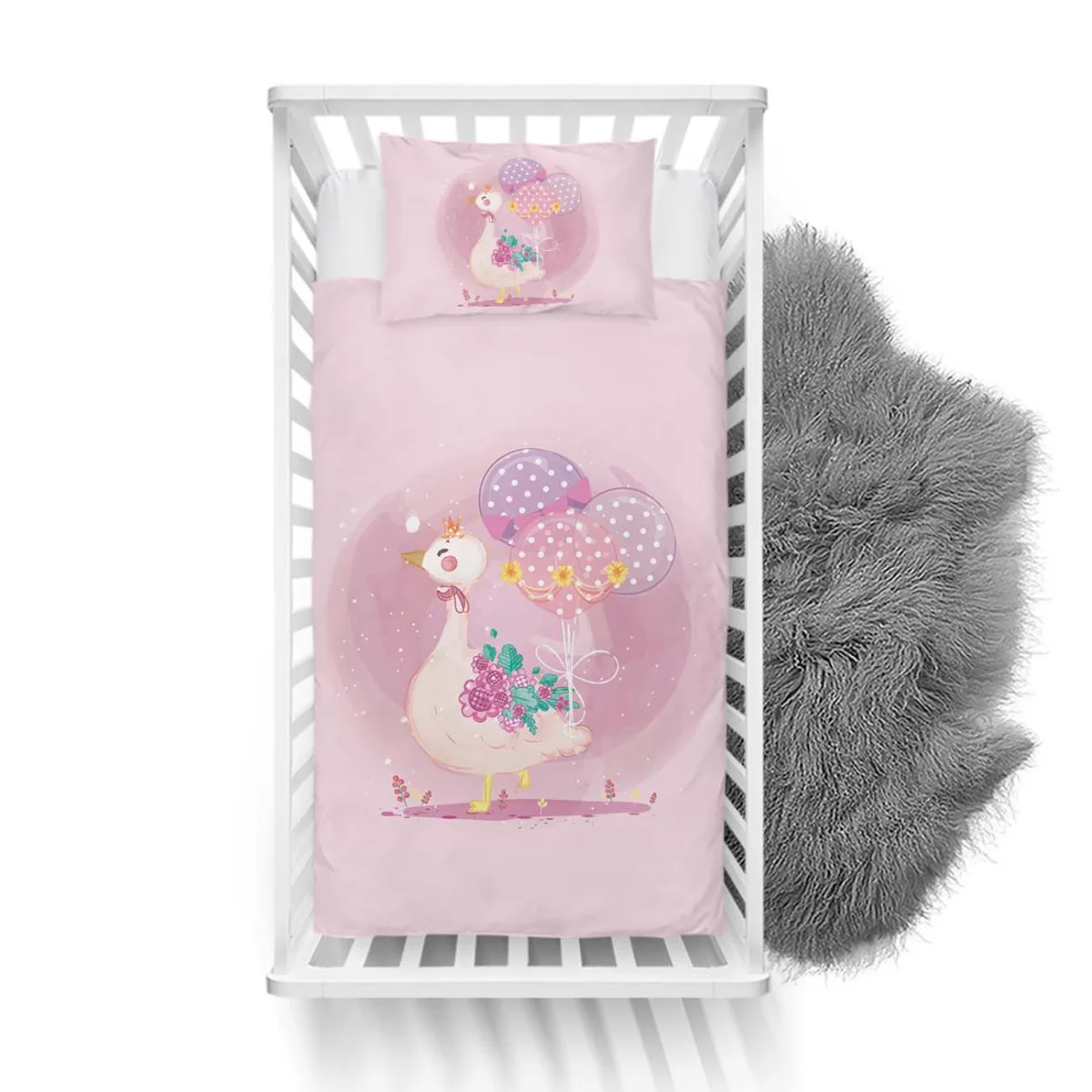 Prenses Kaz Yatak Örtüsü ve Pike | Pembe balonlar, çiçekler Desenli