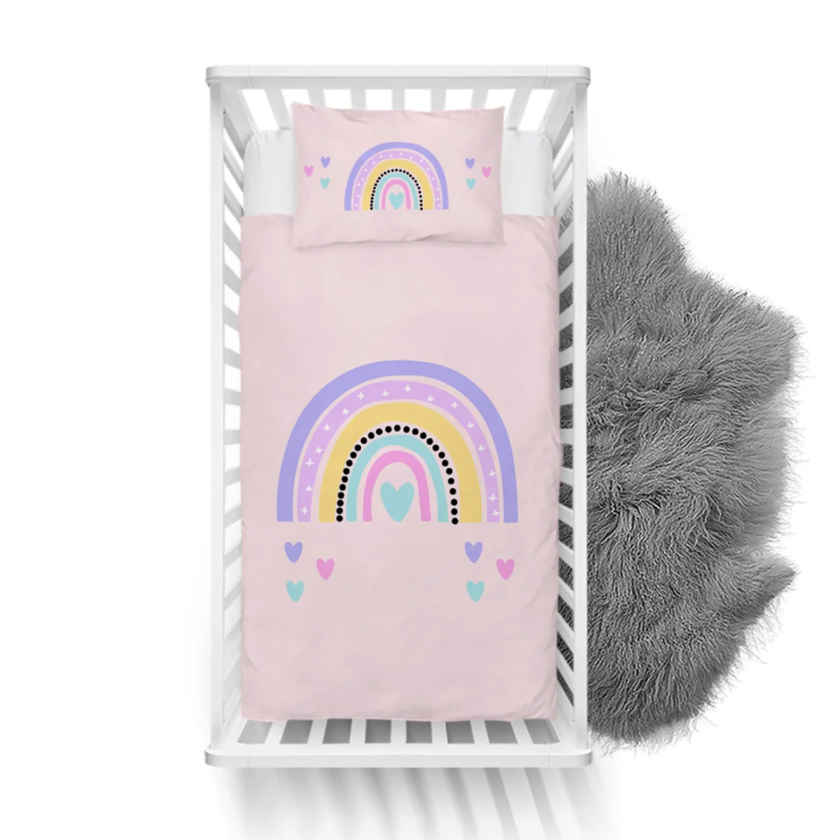 Gökkuşağı Yatak Örtüsü ve Pike | Pembe gökkuşağı, kalpler Desenli