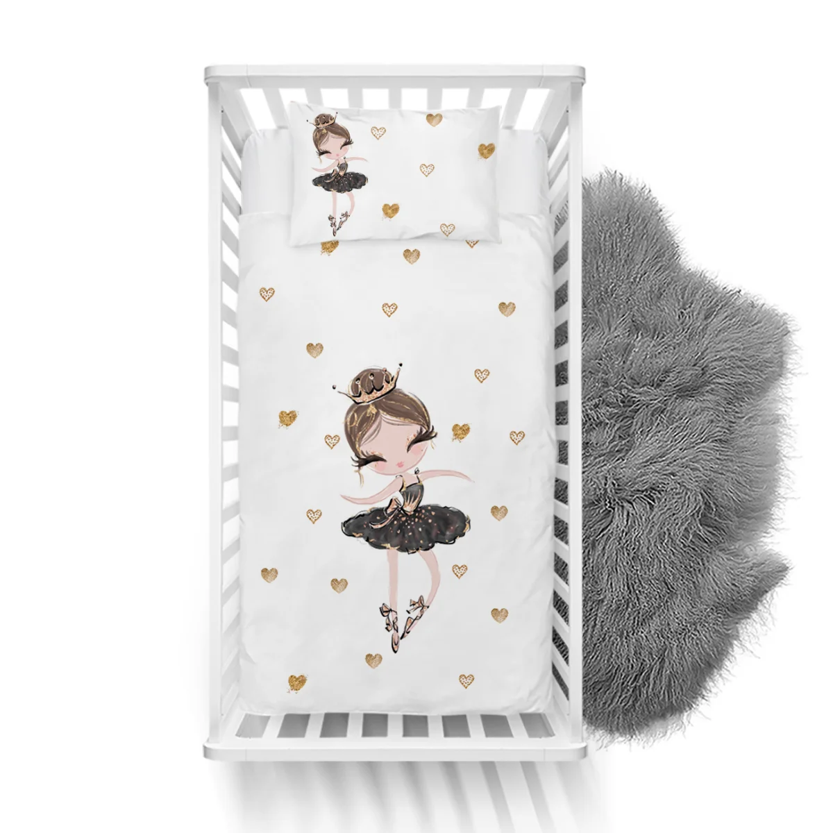 Balerin Yatak Örtüsü ve Pike | Beyaz Altın kalpler Desenli