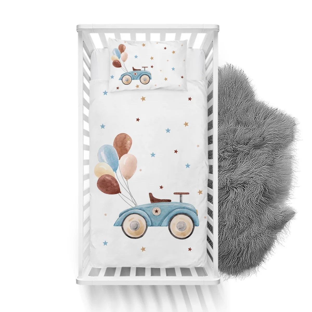 Oyuncak Araba Yatak Örtüsü ve Pike | Beyaz yıldızlar, balonlar Desenli