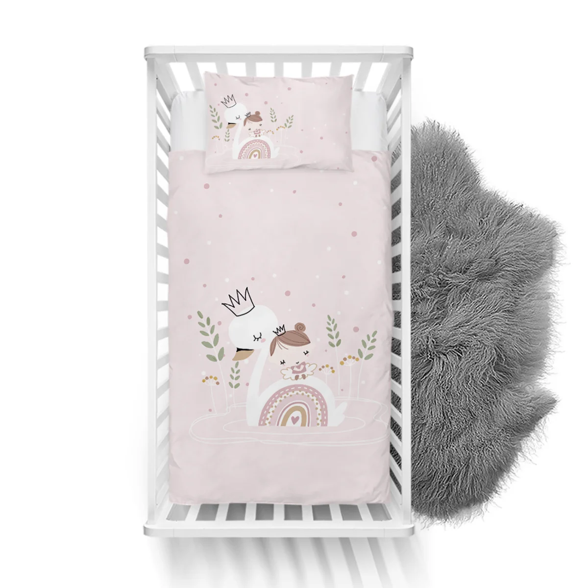 Kuğu Yatak Örtüsü ve Pike | Pembe kız çocuk, gökkuşağı Desenli