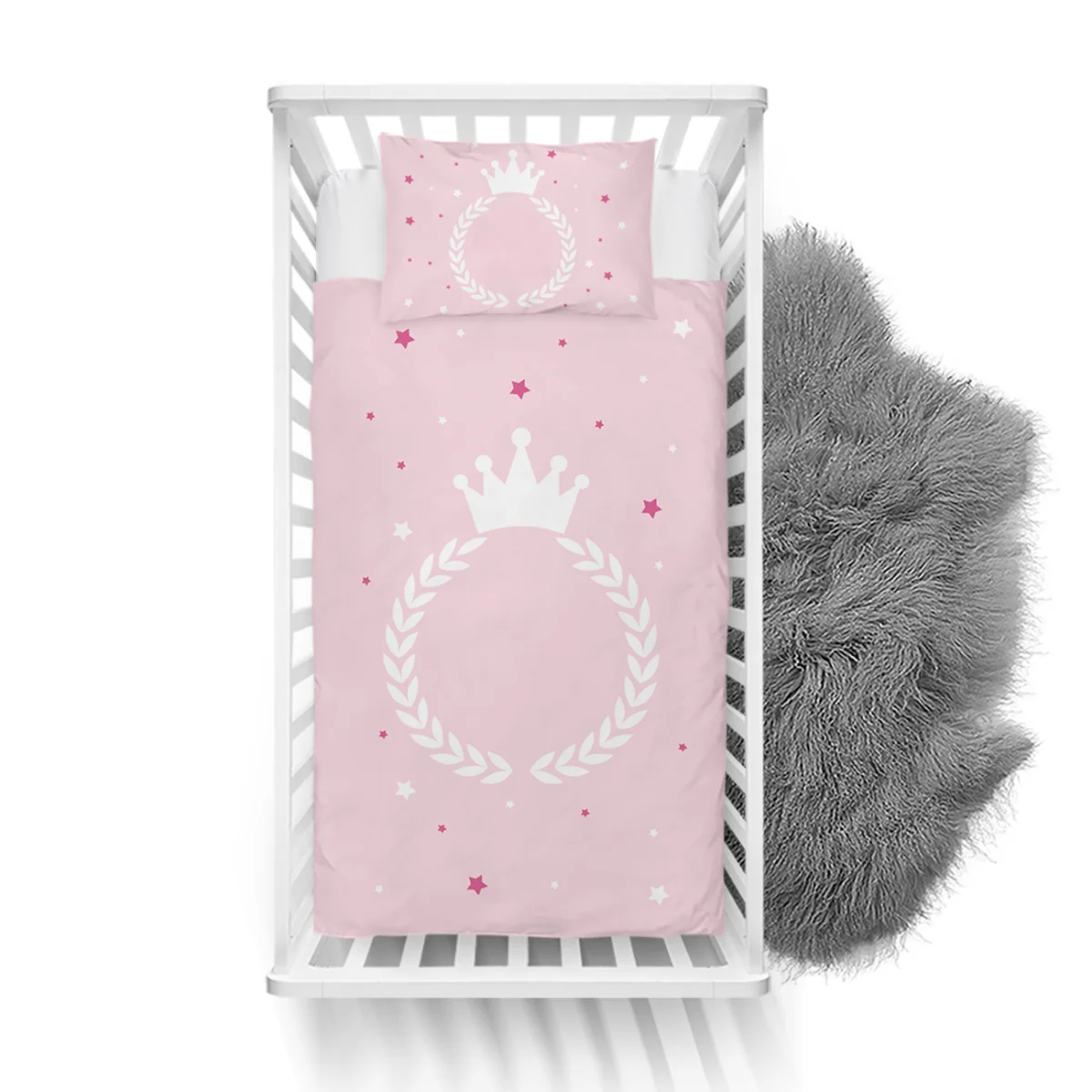 Prenses Yatak Örtüsü ve Pike | Pembe taç, defne çelengi ve yıldızlar Desenli