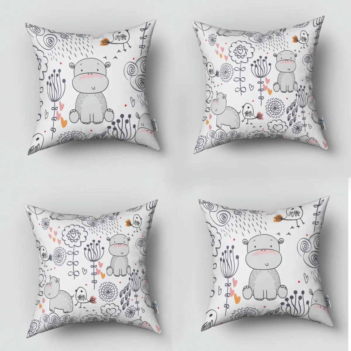 Su Aygırları 4lü Kırlent | Beyaz Çiçekler, kalpler Desenli