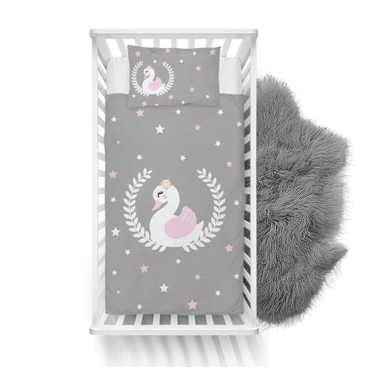 Kuğu Yatak Örtüsü ve Pike | Gri yıldız, yaprak çelenk Desenli