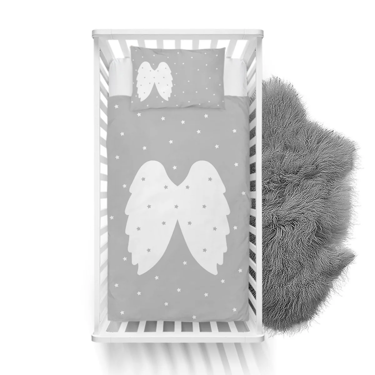 Melek Kanatları Yatak Örtüsü ve Pike | Gri yıldız Desenli