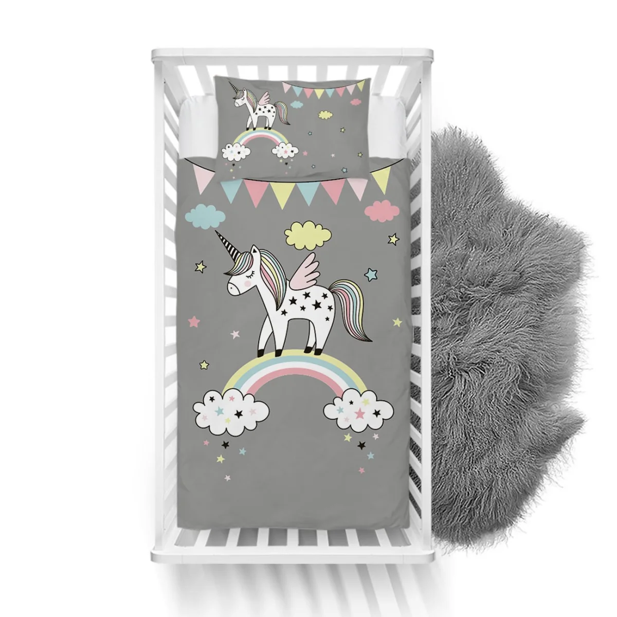 Unicorn Yatak Örtüsü ve Pike | Gri yıldız, bulut Desenli